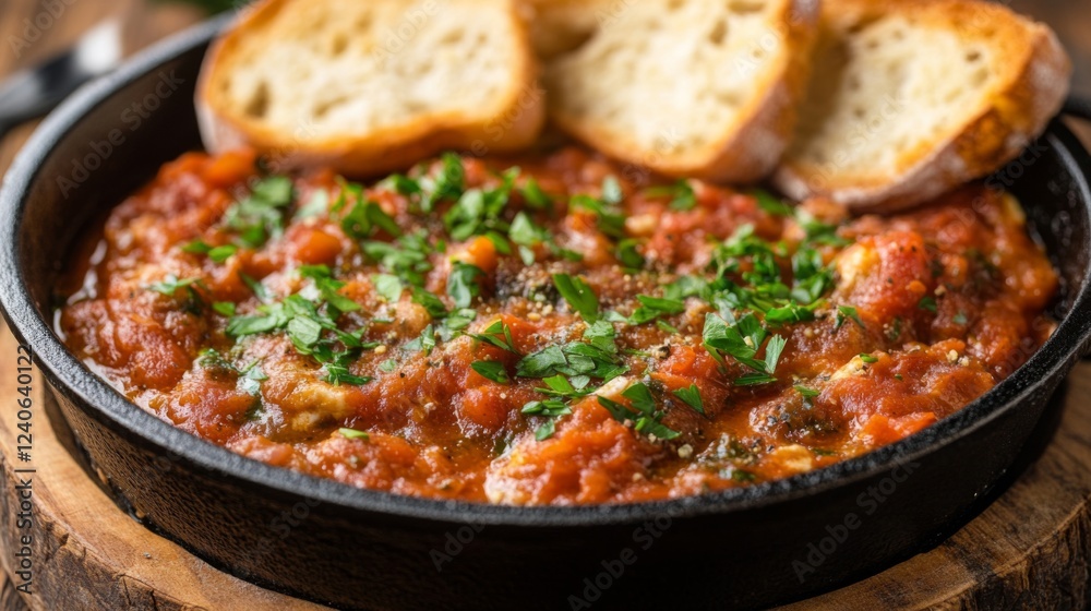 Close Up of Red Tomato Stew with Bread in Cast Iron Skillet Close Up of Red Tomato Stew with Bread in Cast Iron Skillet