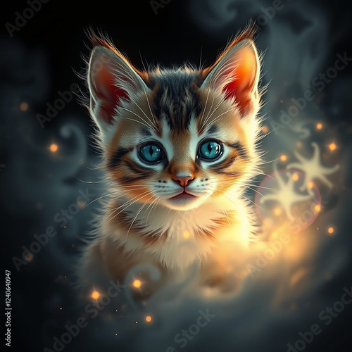 Fantasy image of a cute cat in a magical land. Rainbow, pastel colors, macro, portrait.