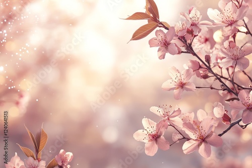 Wallpaper Mural Soft pastel background with spring blossoms, cherry blossom branch in focus, pink petals against a white sky, bokeh effect, and sunlight filtering through leaves. Torontodigital.ca