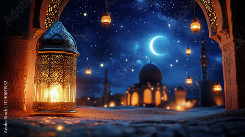 Islamic Lantern and Mosque Under Crescent Moonlit Sky