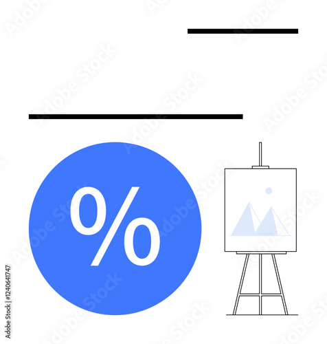 Large blue percentage symbol, black lines, and a graph on an easel. Ideal for finance, presentations, data analysis, business growth, market research economic trends and education themes. Abstract