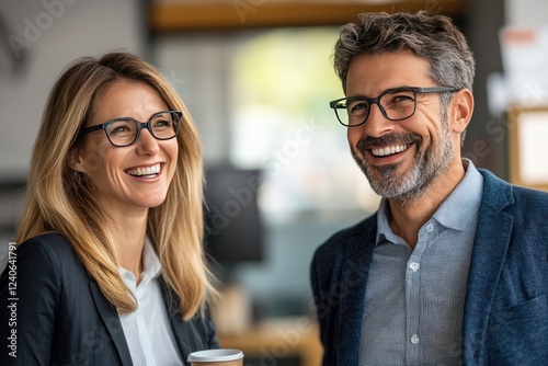 A smiling middle-aged man and woman, wearing glasses, are standing in the office. The concept of mutually beneficial cooperation. photo