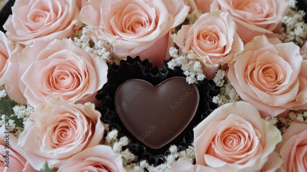 Obraz premium Sweet Indulgence: A Romantic Gift of Soft Pink Roses and a Delectable Chocolate Heart, Beautifully Presented in a Heart-Shaped Box, Sure to Delight Your Sweetheart on Valentine's Day or Any Special Da