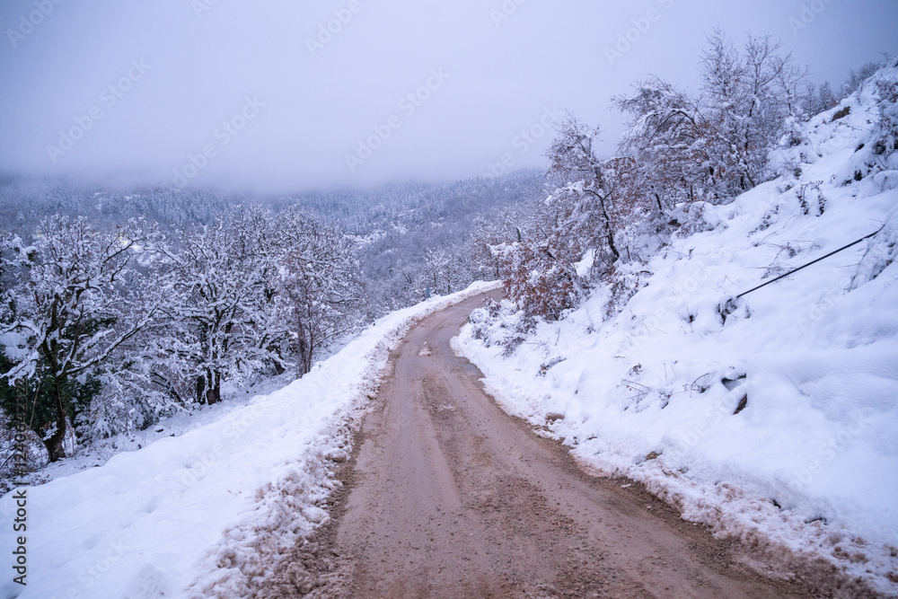 Dirt road through the landscape with snow