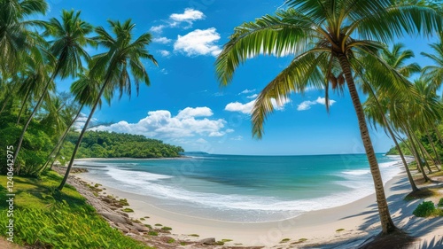 A picturesque tropical beach with palm trees and clear blue water