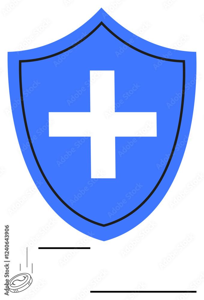 Obraz premium Blue shield with white cross, emphasis on safety and protection. Ideal for healthcare, security, insurance, medical aid, wellness, safeguarding, and abstract line flat metaphor