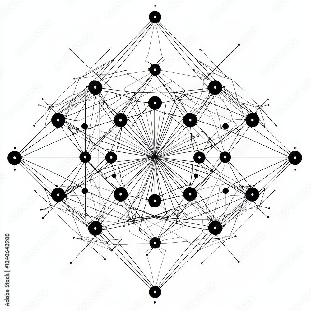 Intricate Geometric Network Design with Circular Nodes and Connecting Lines on White Background Intricate Geometric Network Design with Circular Nodes and Connecting Lines on White Background