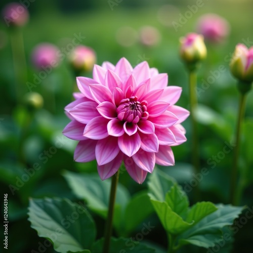 A majestic dahlia flower amidst a sea of lush green foliage with soft purplish hues, plant stems, botanicals, green