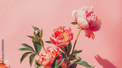 Soft pink peonies in full bloom against a pink background. The petals are delicate and the colors are vibrant. The image is both beautiful and serene.
