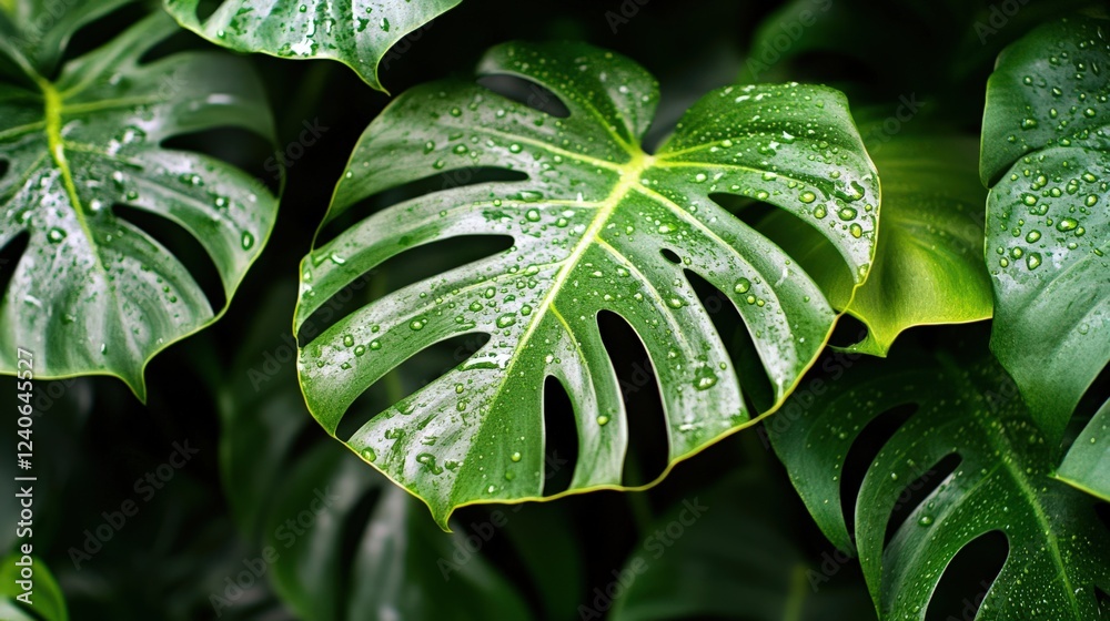 Fototapeta premium Vibrant Monstera Leaves with Water Drops in Lush Green Background
