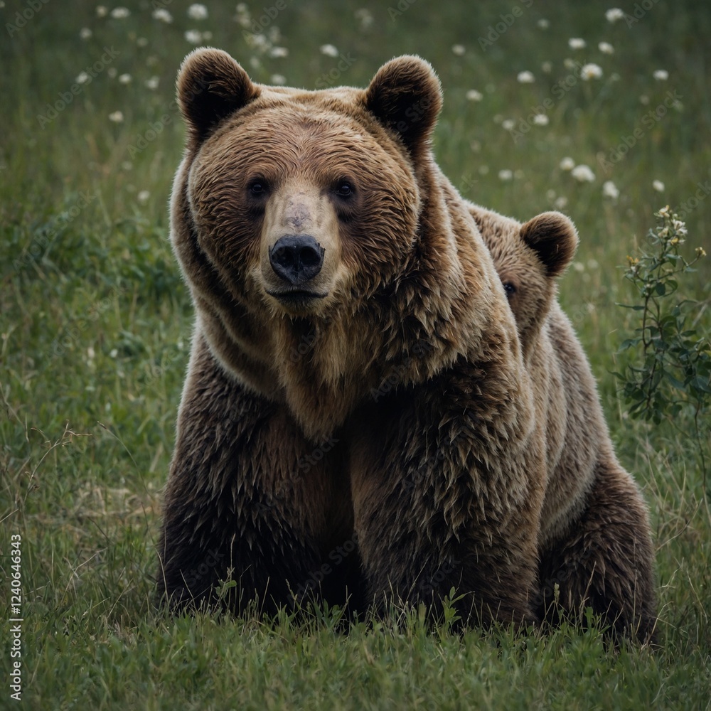 Obraz premium A mother bear with a protective, loving gaze toward her cub.