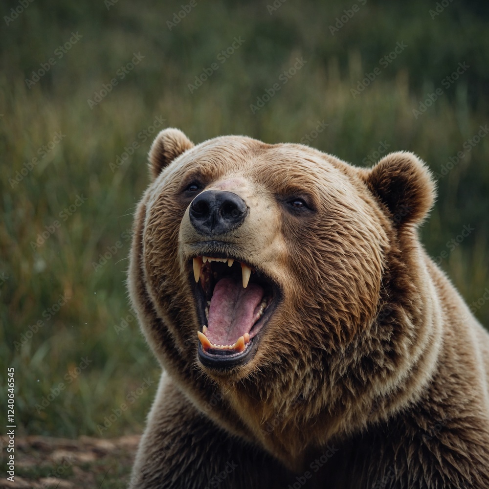 Obraz premium A joyful bear laughing, mouth open, and eyes squinted in happiness.