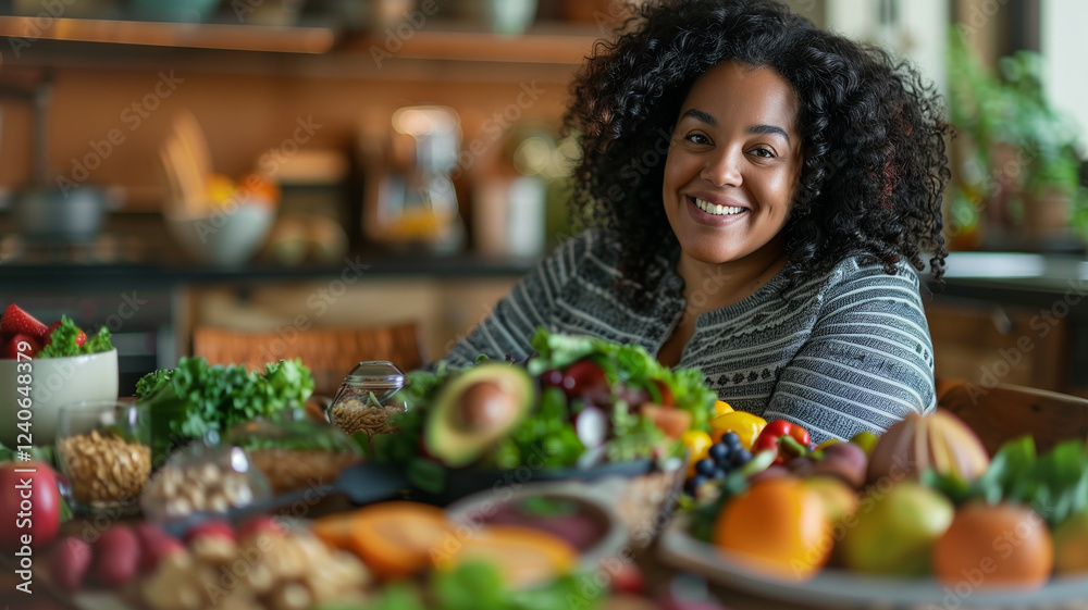 Fototapeta premium This woman smiles amid vibrant fresh fruits and vegetables, promoting wellness.