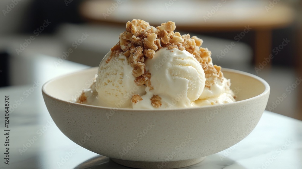 Vanilla Ice Cream with Granola Topping in a Bowl Vanilla Ice Cream with Granola Topping in a Bowl