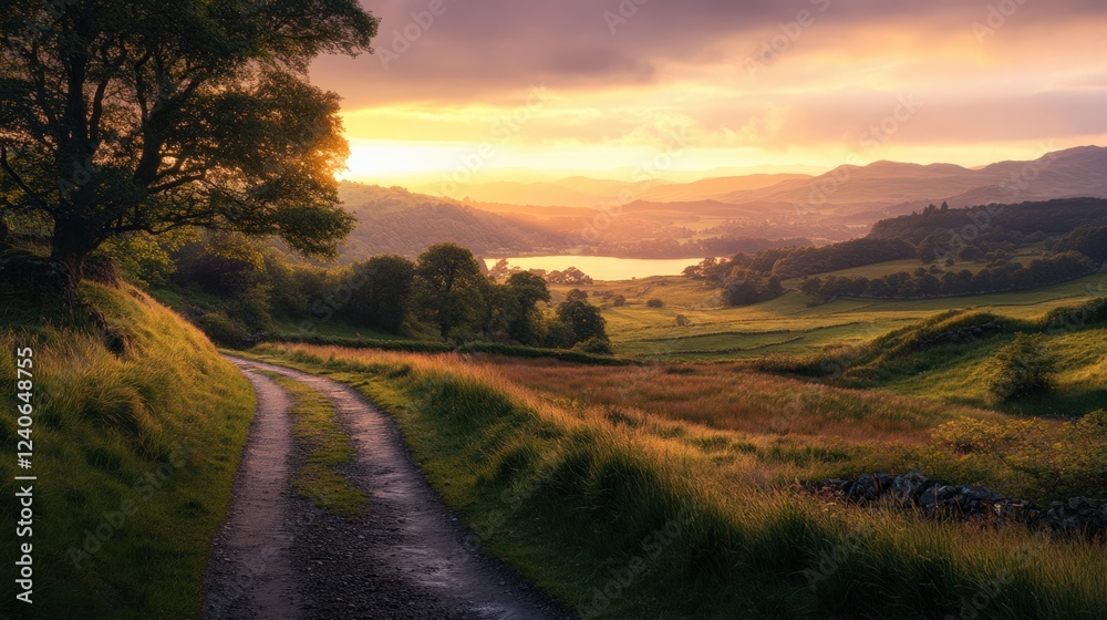 Fototapeta premium Scenic countryside path leading to a beautiful sunset over hills and a tranquil lake, creating a peaceful landscape.