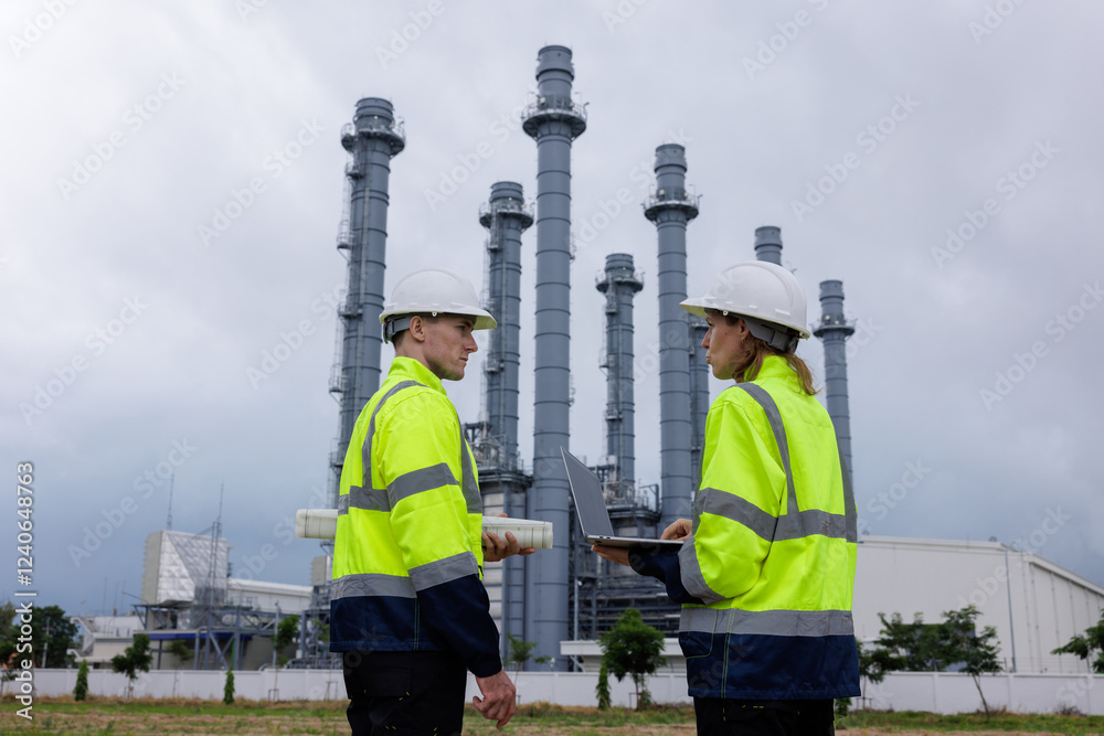 Petrochemical engineers teamwork working together at petroleum oil refinery industry area. Petrochemical engineers teamwork working together at petroleum oil refinery industry area.