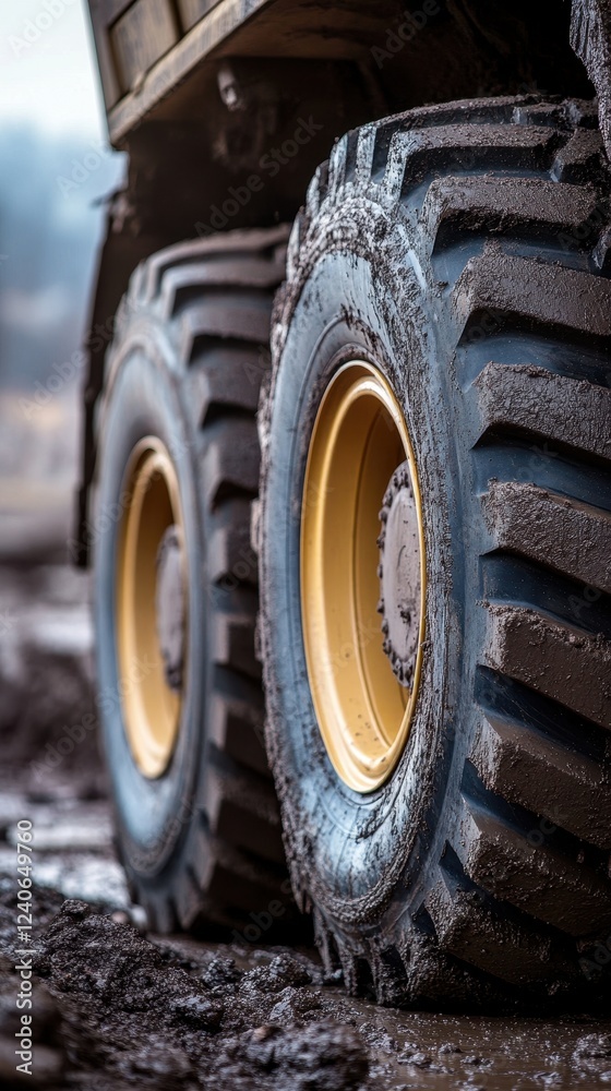 Muddy Truck Tires on Rough Terrain: A Close-Up Muddy Truck Tires on Rough Terrain: A Close-Up