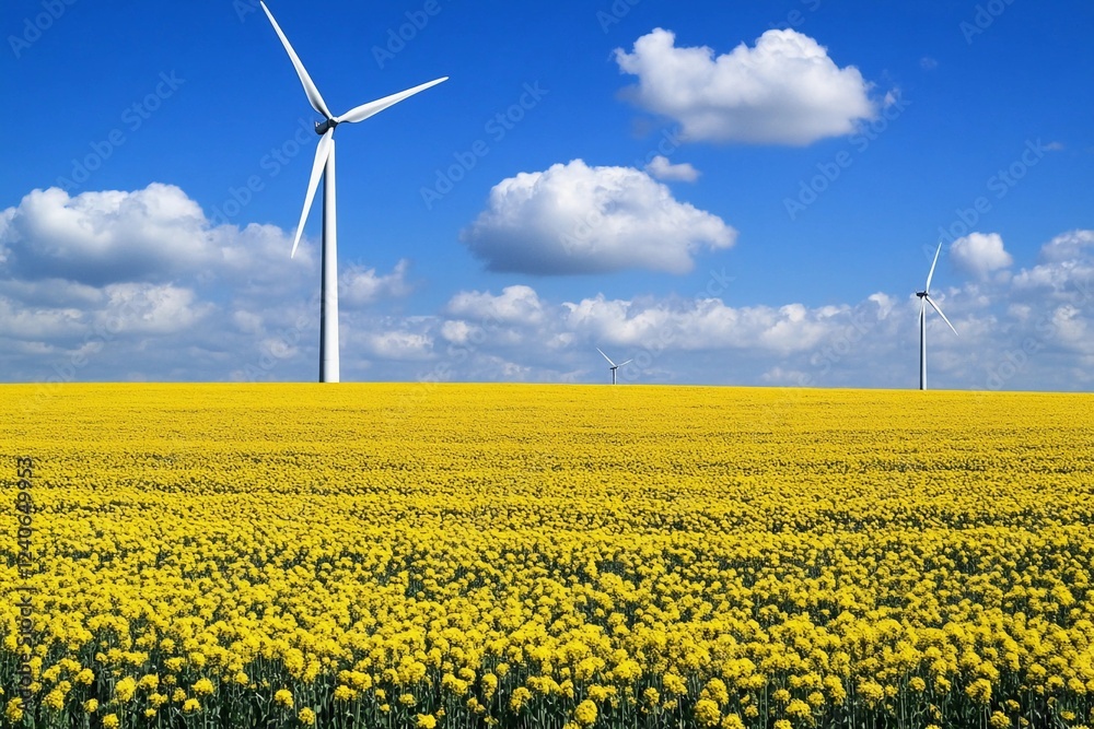 Wind power plants operating in lush yellow fields under a bright blue sky with white clouds for renewable energy generation Wind power plants operating in lush yellow fields under a bright blue sky with white clouds for renewable energy generation