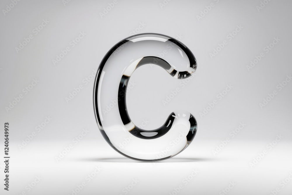 A 3D rendering of the letter C, crafted from transparent glass, exuding a sleek and modern aesthetic. A 3D rendering of the letter C, crafted from transparent glass, exuding a sleek and modern aesthetic.