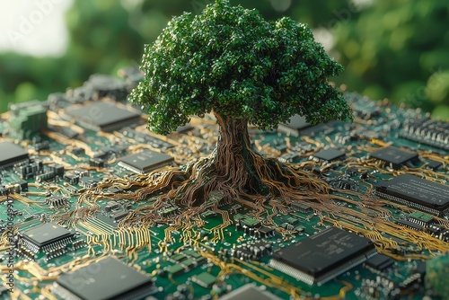 Technological trees flourishing along network lines, symbolizing Arbor Day with concepts of green energy and smart agriculture