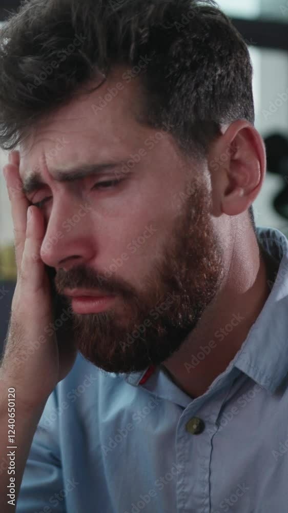 A contemplative adult man dressed in a casual shirt with a wellgroomed beard is deep in thought A contemplative adult man dressed in a casual shirt with a wellgroomed beard is deep in thought