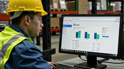 A smart warehouse manager analyzes data on a computer dashboard, monitoring key performance indicators and optimizing logistics operations