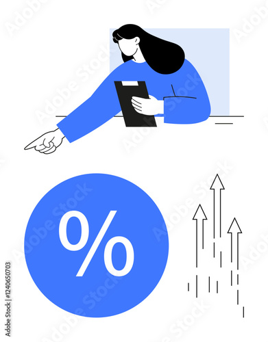 Woman holding a clipboard and pointing, blue percentage sign in circle, arrows pointing up reflecting growth. Ideal for finance, economics, business strategy, progress, analysis, data interpretation