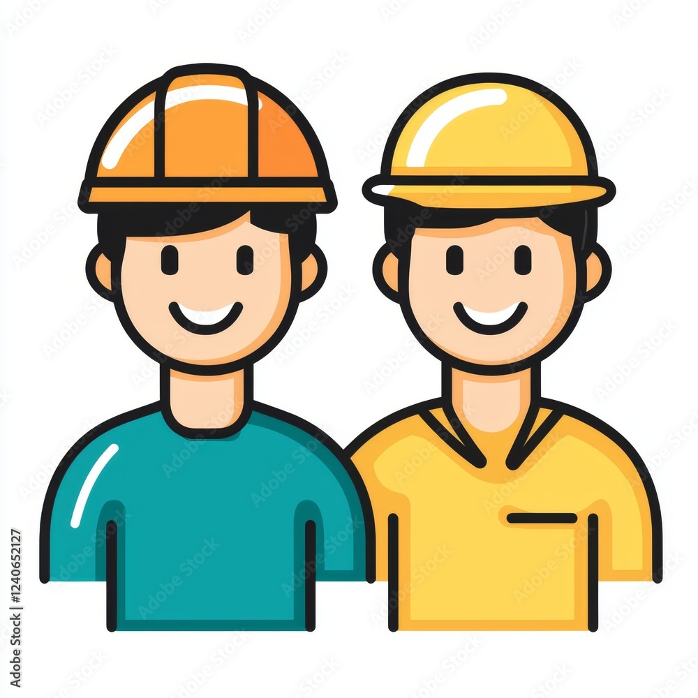 Friendly Construction Workers Smiling with Safety Helmets in an Engaging and Colorful Illustration Friendly Construction Workers Smiling with Safety Helmets in an Engaging and Colorful Illustration