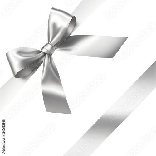 Elegant silver ribbon bow for gift wrapping your graphics in it, tied in a bow, diagonal layout, view from top