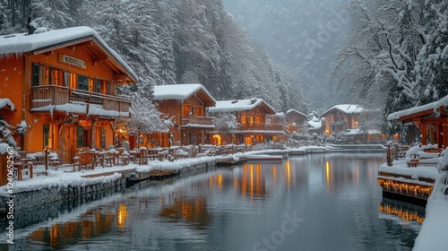 Snowy Alpine village canal winter night reflections photo