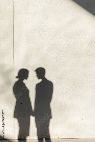 Silhouetted couple's shadows on a sunlit wall.