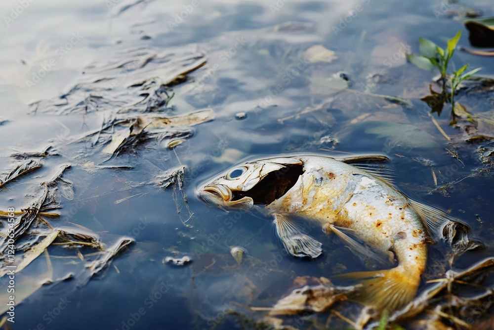 Fototapeta premium Fish dying in polluted waters showcasing the impact of environmental degradation on aquatic ecosystems