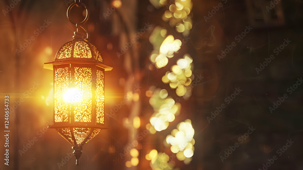 Intricate lantern casting warm light in a serene indoor setting with blurred foliage backdrop Intricate lantern casting warm light in a serene indoor setting with blurred foliage backdrop