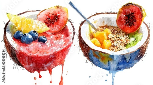 Tropical Smoothie Bowls, vibrant watercolor illustrations of fruit bowls and coconut halves, ideal for health and nutrition themes, featuring bright colors and detailed textures. photo