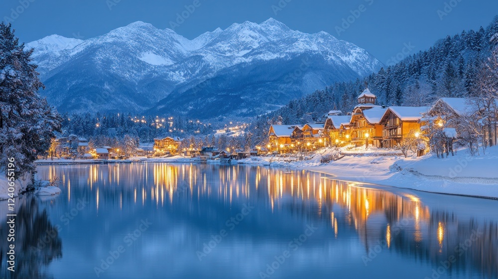 Obraz premium Snowy Alpine village twilight lake reflection