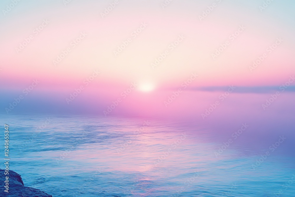 Naklejka premium Misty sunrise over calm water creates a tranquil atmosphere in early morning light