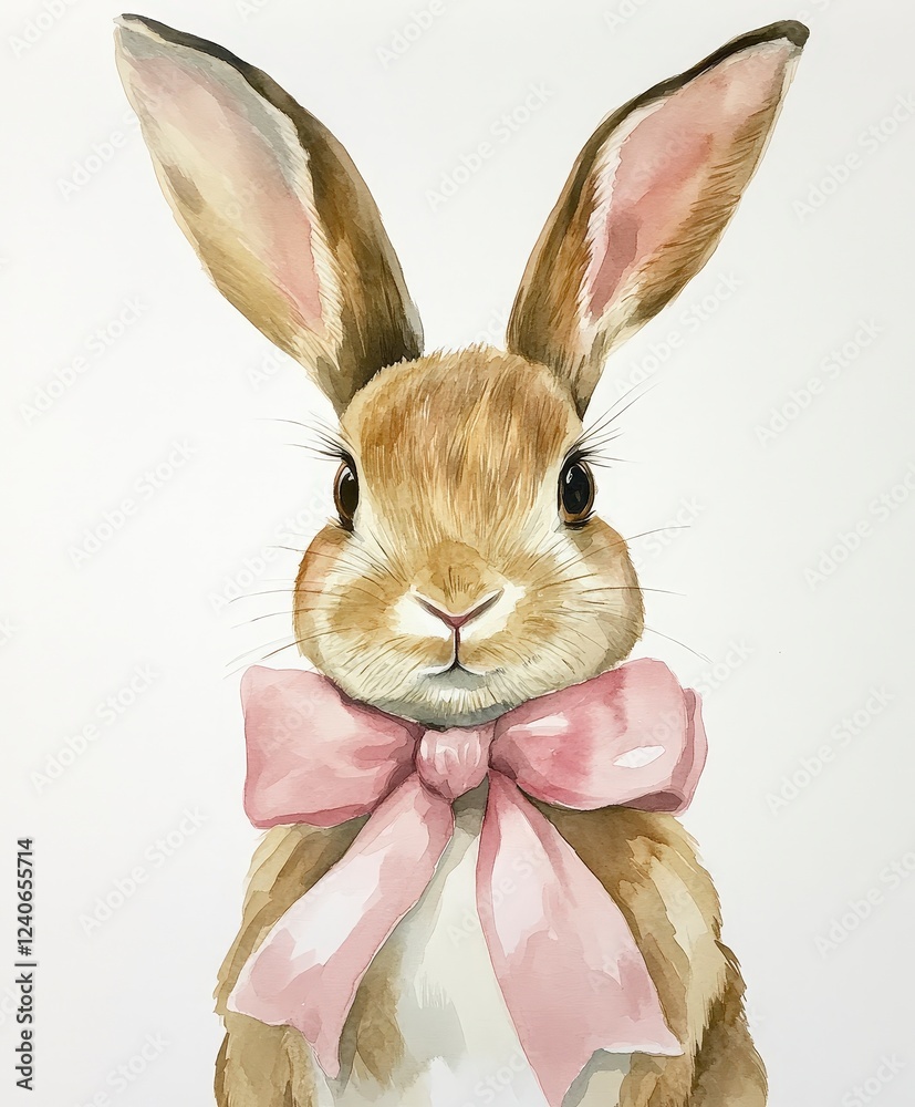 Obraz premium Cute Brown Rabbit with Pink Bow Tie in Artistic Watercolor Style