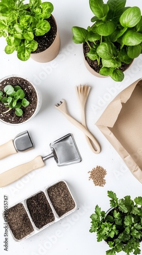 Gardening Tools and Plants: A Top-Down View of Homegrown Herbs
