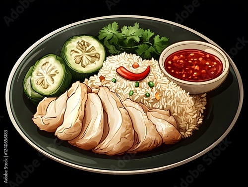 A traditional plate of Hainanese Chicken Rice with tender chicken, fragrant rice, and a side of chili sauce, soft natural light bringing out the dish s elegance photo