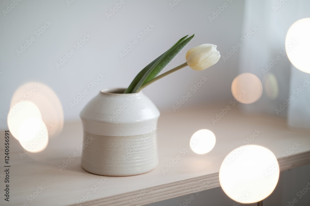 A single white tulip in a minimalist ceramic vase sits on a light wood shelf, bathed in soft light. A single white tulip in a minimalist ceramic vase sits on a light wood shelf, bathed in soft light.