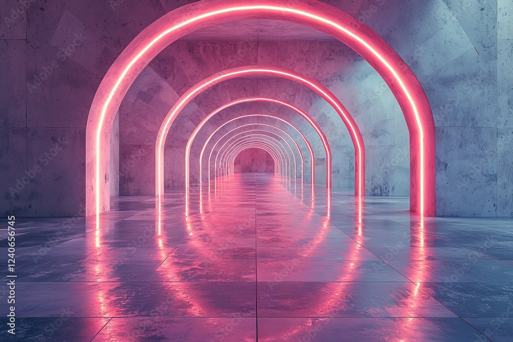Obraz premium The image presents a futuristic hallway with a serene light and a row of arches extending infinitely