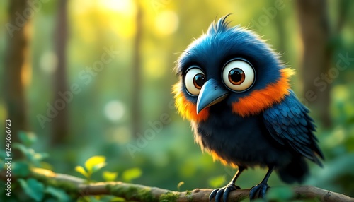 Illustration of a sweet animated bird with big eyes on a branch shows curiosity and naivete, ideal for children's content and educational materials.
