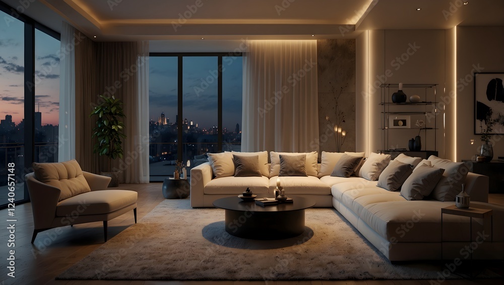 Fototapeta premium High-rise apartment with warm lighting, beige sectional, and city view at dusk