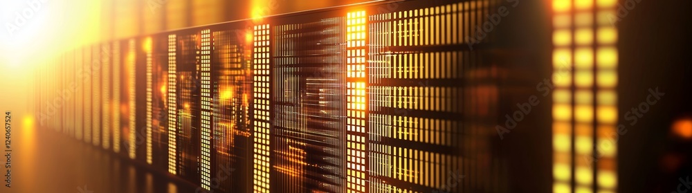 Fototapeta premium Hightech warehouse scene, closeup, neon conveyor belts, vibrant, futuristic computer design