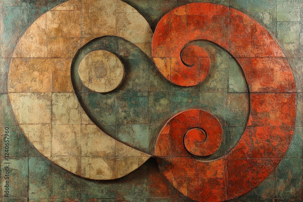 Intricate wall art featuring two swirling shapes in contrasting colors and textures creating a harmonious design Intricate wall art featuring two swirling shapes in contrasting colors and textures creating a harmonious design