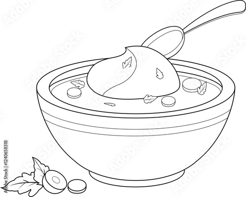 Bowl of homemade soup with vegetables and cream. Russian borscht soup with beetroot. Vector black and white coloring page.