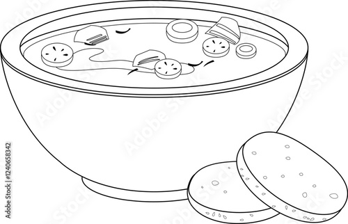 Bowl of chicken soup. Homemade soup with vegetables, chicken soup with sliced bread. Vector black and white coloring page.