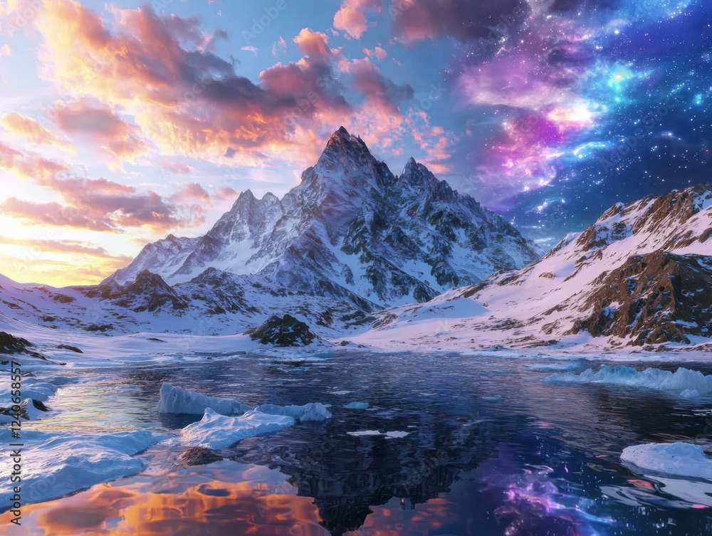 Obraz premium Glowing ice formations illuminate serene arctic landscape on an alien planet under multiple suns