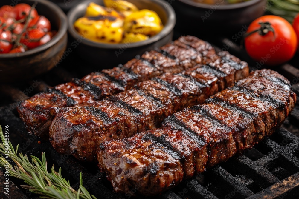 Grilled steak resting on a wooden board accompanied by roasted vegetables and herbs in a cozy outdoor setting Grilled steak resting on a wooden board accompanied by roasted vegetables and herbs in a cozy outdoor setting