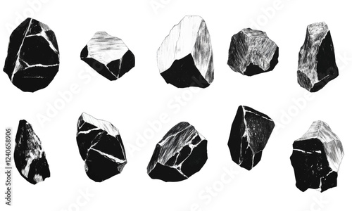 Linocut style rocks rock organic shapes set, hand drawing style, mineral, stone